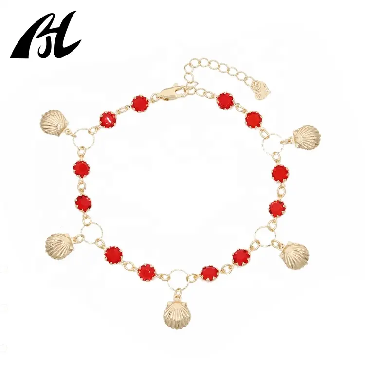 Fashion Charm Red Crystal Rhinestone Shell Anklet Brass 18K Gold Plated Ankle Chin Foot Jewelry Anklets Set For Women