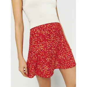 Women Wholesale High Quality Satin Casual Floral Print Silk High Waist Zip Back A Line Mini Short Skirt