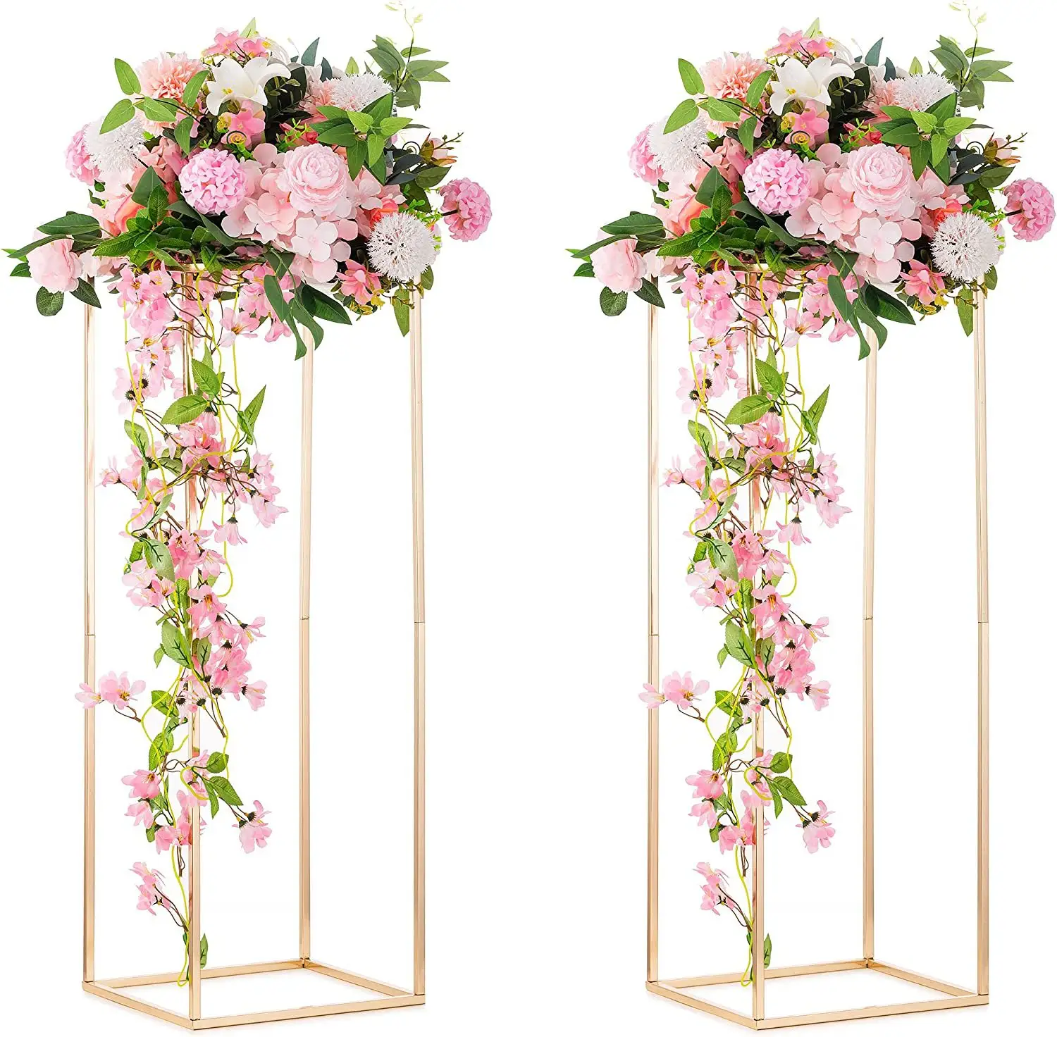 แจกันเสาดอกไม้โลหะวางตรงกลางโต๊ะงานแต่งงานแจกันตั้งพื้นสูงสีทองสำหรับตกแต่งงานแต่งงาน