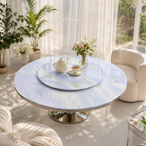 Table à manger personnalisée, plateau rond, style moderne, villa, 8 places, pieds en métal, meubles en pierre, luxe, calcite azul et marbre bleu - Product Image 3