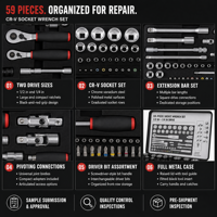 Kit d'outils de réparation automobile 59 pièces, jeu de clés à douilles CRV, barre d'extension 1/2/4 pouces, embouts de tournevis de précision, boîte métallique, poignées OEM