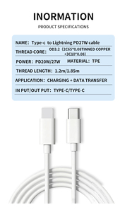 สายชาร์จโทรศัพท์มือถือแบบพกพา PD27w หัว <span class=keywords><strong>USB</strong></span>-C ชาร์จเร็ว สายดาต้า 8 พิน ขายส่ง ความยาว 1 ม. 1.85 ม. ใช้ได้กับ IOS - Product Image 6