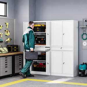 PULAGE 금속 차고 보관 캐비닛-4 도어 흰색 도구 캐비닛, 잠금 장치 및 2 개의 조절 가능한 선반이있는 서랍 장치 - Product Image 2