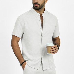Men's Linen Stand Collar <b>Short</b> <b>Sleeve</b> <b>Shirt</b> Solid Color Casual <b>Button</b> <b>Up</b> Top Breathable Summer Wear - Product Image 5