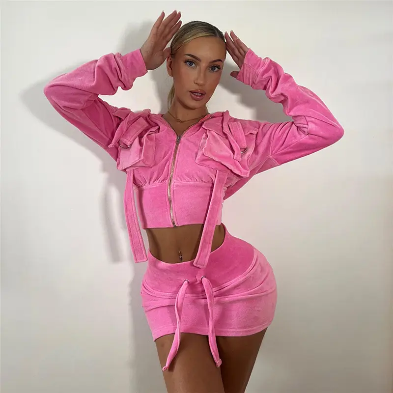 2023 New Arrivals Zip up Crop Hoodies + Eo Cao Mini Váy Mùa Thu Phụ Nữ Quần Áo Nhung Dày Của Phụ Nữ Hai Mảnh Váy Bộ