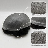 Prothèse capillaire pour hommes en gros, ultra-fine, 0,04-0,06 mm, en V, 100 % cheveux humains, base en PU, ligne de cheveux invisible, densité personnalisée