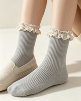 Chaussettes polyvalentes en tricot pour femme, mi-mollet, avec cordon de serrage et bordure en dentelle festonnée, pour l'hiver