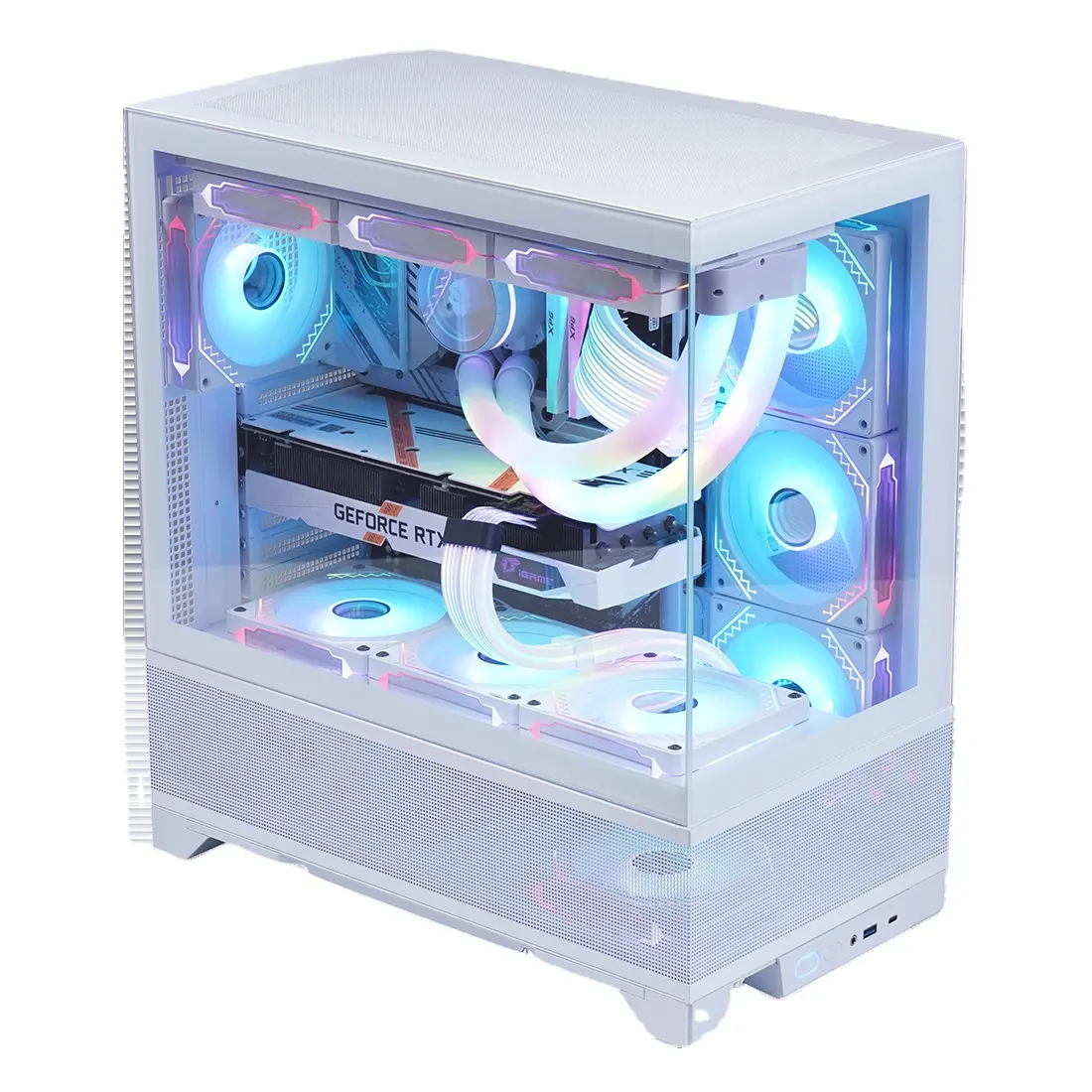 Capa para PC ATX elegante branco por atacado com material de alumínio vidro temperado equipado com ventilador de refrigeração para jogos de PC