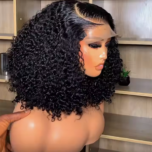 Perruque Courte Bob Ondulée Bouclée Profonde Économique, Cheveux Naturels Vietnamiens Bruts, Perruque en Cheveux Humains Frisés Crépus avec Frange et Dentelle HD Frontale - Product Image 2