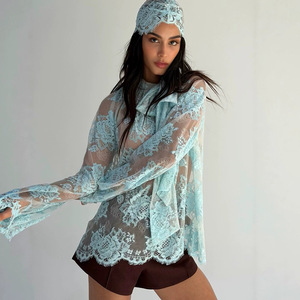 Sheer Lace <b>Tie</b> Neck Long Sleeve Top Solid Color Chiffon Women's Street Style Fashion T-Shirt - Product Image 1