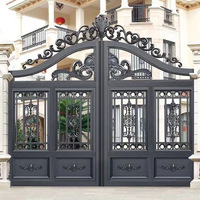 Portail d'entrée double panneau en aluminium avec serrure intelligente automatique, gris foncé, noir jais, à lattes chevrons, pour extérieur de villa moderne et luxueuse