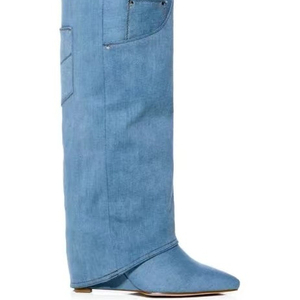 XINZI RAIN 2023 nouvelles bottes hautes au genou Logo personnalisé bout pointu talon compensé femmes bottes hautes en jean - Product Image 3