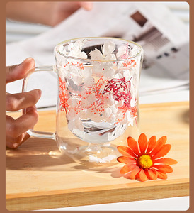 Hot <b>Glass</b> Creative Built-in Dried Flowers Multi-petal Quicksand High Borosilicate <b>Glass</b> Milk Tea Beverage Insulated Double Cup - Product Image 3