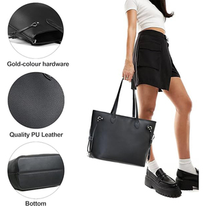 女式 PU 手提包，拉链开合，皮革内衬，宽敞，纯色图案，带徽标，适合大城市的单肩包，适合学校、工作、购物 - Product Image 4