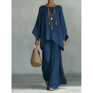 Ensemble 2 pièces en lin à col bateau et manches chauve-souris avec haut oversize à ourlet irrégulier et pantalon large décontracté pour femme - Product Image 5