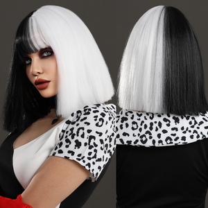 Perruque de 12 pouces avec frange, perruque bob noire et blanche, perruques de cosplay pour Halloween pour femmes, <span class=keywords><strong>cheveux</strong></span> courts et raides - Product Image 2