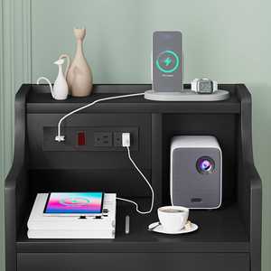 Hersteller-Lieferant Moderner Europäischer Holz-Minimalistischer Smarter Schwarzer Nachttisch mit 3 Schubladen, LED-Beleuchtung und Ladestation CE - Product Image 4