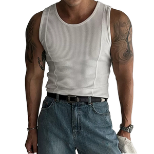 Men's Breathable Compression Athletic Sporty Solid O-<b>Neck</b> Knitted Wash Anti-shrink Tank Top Fitted Gym Stringer Spandex Cotton - Product Image 3