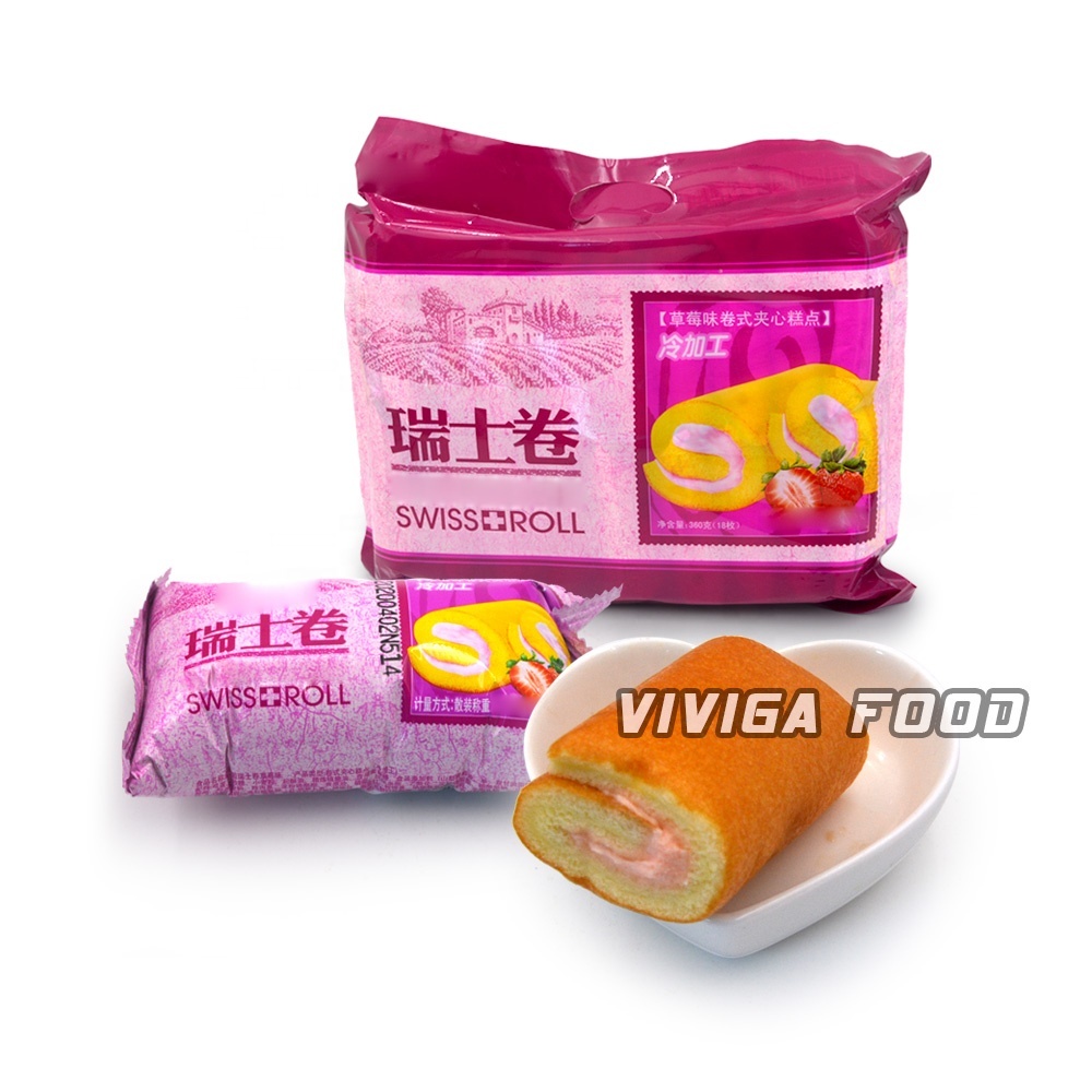wholesale strawberry flavor soft cream Swiss roll cake