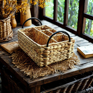 Woven Kitchen <b>Storage</b> <b>Basket</b> <b>Rectangular</b> Compartmentalized Handmade For Tableware Chopsticks Cutlery Organizer - Product Image 1