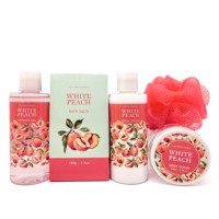 Coffret Cadeau de Bain Panier Tressé Parfum Pêche Blanche OEM Comprenant Gel Douche, Lait Corporel, Gommage, Sels de Bain et Éponge de Douche pour Soin de la Peau