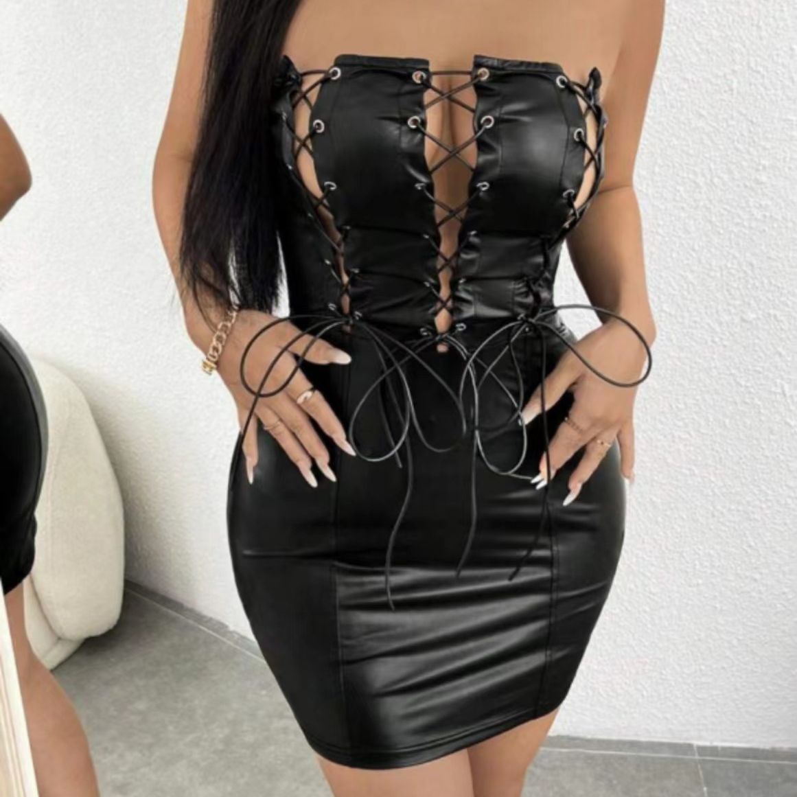Low Price Lace Up Sexy Leather Dress Durable Leather Material | Alibaba.com