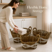 Ensemble de 3 paniers de rangement tissés avec poignées et bandes décoratives blanches pour l'organisation de la maison