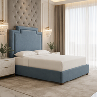 Modernes Stufenkopfteil Luxuriöses Gepolstertes Holzrahmen-Plattformbett Leinenstoff Queen King Size Weiches Bett Umweltfreundlich