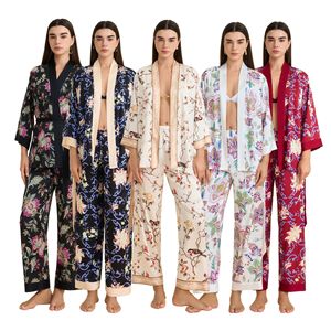 2026 Nieuwe satijnen chiffon bloemen <span class=keywords><strong>cardigan</strong></span> lange mouwen dames pyjamaset comfortabel voorjaarsnachtkleding - Product Image 1