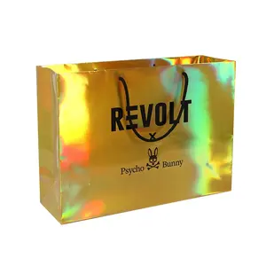 Bolsa de papel holograma brilhante de ouro para charmoso com logos personalizados