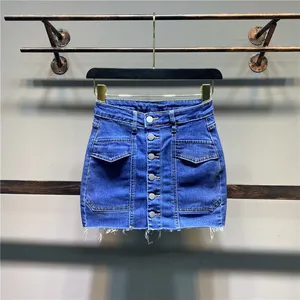 Rok Denim Peramping Pinggang Tinggi Wanita, Rok Jins Single-Breasted, Rok Denim Peramping Pinggang Tinggi Musim Panas untuk Wanita