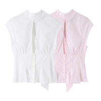 Hauts, chemisiers et blouses sans manches pour femmes, col rond, design ajouré, dos boutonné avec nœud, style décontracté, 2 coloris