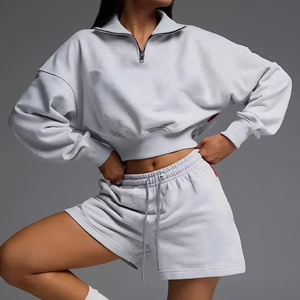 Fashion Custom Damen Quarter Zip Pullover Hoodie und Shorts Set Siebdruck Baumwolle Fleece Tracked Suit - Product Image 2