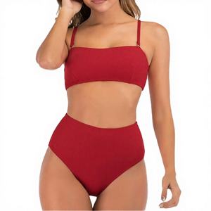 Ensemble bikini bandeau sans bretelles pour femme, coupe haute, côtelé, 2 pièces, séchage rapide, à carreaux, avec cordon de serrage, transparent - Product Image 3