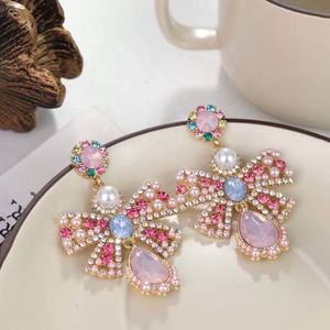 European American Trendy Fashion Imitation Pearl Colored Crystal <b>Glass</b> Metal Bow Earrings Elegant Sweet <b>Retro</b> Jewelry - Product Image 6