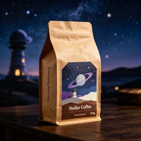 Sachet à café personnalisé avec logo imprimé, résistant à l'humidité, à fond plat, scellé sur huit côtés, en kraft avec impression en héliogravure