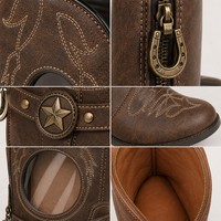 Sac Ita personnalisé en forme de botte de cowboy, en cuir PU vieilli marron selle, avec fenêtre transparente ronde, talon carré, sac à dos Kawaii