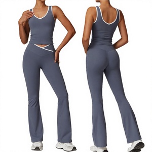 Women's Solid V Elastic Waist High Fitness <b>Flared</b> <b>Leggings</b> Bra 2-Piece Set Breathable Lightweight Four-Way Stretch - Product Image 2