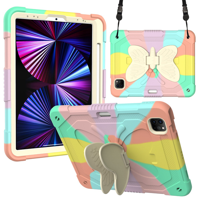 [ Butterfly Kickstand ] Rainbow Colorful Cartoon Butterfly Tablet Case for Ipad Air 4 10.9 Inch Case Shockproof case for Kids