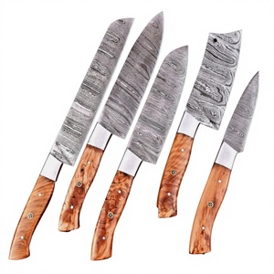 Juego de Cuchillos de Chef de Acero de Damasco de Alta Calidad, 5 Piezas, OEM/ODM, Personalizables, Hojas con Borde Biselado y Punta Caída, Mangos de Madera de Olivo, 3 Años de Garantía - Product Image 1