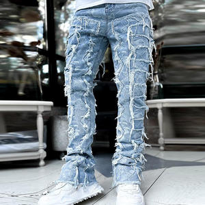 Calças Masculinas Personalizadas OEM Roxas com Estampa Larga, <span class=keywords><strong>Jeans</strong></span> Urbanos Casuais de Verão com Técnicas de Lavagem e Estilo Empilhado - Product Image 5