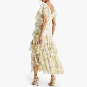 Vestido Largo de Verano con Volantes Florales para Mujer, Cuello en V, Chifón en Capas, Elegante, para Playa o Vacaciones - Product Image 3