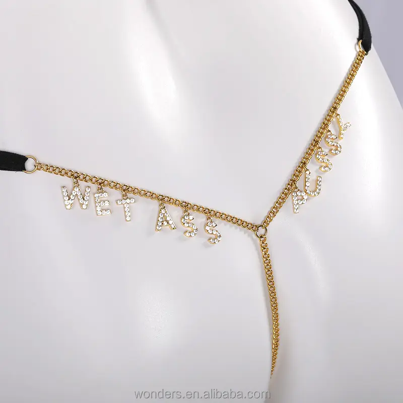 Hot Girl WAP Cubic Zircon 8 Letters Alphabets 18K Gold Name Initial Thong Woman Waist Chain Body Jewelry