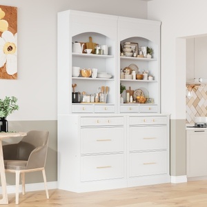 Large Modern Solid Wood <b>Kitchen</b> Hutch Cabinet Freestanding <b>Pantry</b> Storage Cupboard with 4 Doors for Dining - Product Image 5