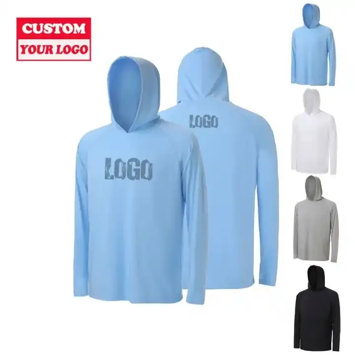 Vente en gros de vêtements de pêche à capuche avec logo personnalisé imprimé 100% polyester protection UV performance manches longues pour hommes