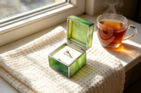Boîte à bague carrée de luxe artisanale en verre teinté, verre opaline vert, amovible, pour bijoux, souvenir, mariage, en velours