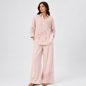 Women’s Pink Floral Embroidered Co-Ord <b>Set</b>, Elegant Two-Piece Shirt and Wide-Leg Pants Outfit, Premium Ethnic Casual Wear - Product Image 1