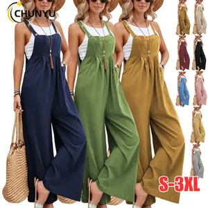 Dames Plus Size Casual Overalls Baggy Bandje Stevige Rekbare Jumpsuit Wijde Pijpen Mouwloze Romper Met Zakken