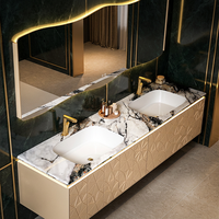 Meuble-lavabo mural de salle de bain couleur or champagne, double vasque, plan de travail en marbre, miroir éclairé par LED, armoire flottante de luxe