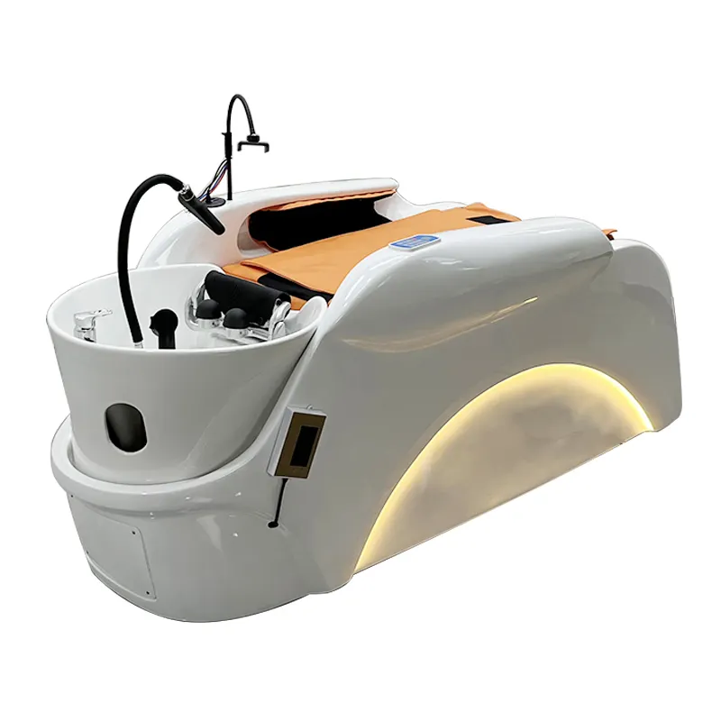 Hochwertiges elektrisches Shampoo-Stuhl-Kopf wasch massage bett des Friseursalons mit LED-Beleuchtung und Shampoo-Bett mit Wasser zirkulation